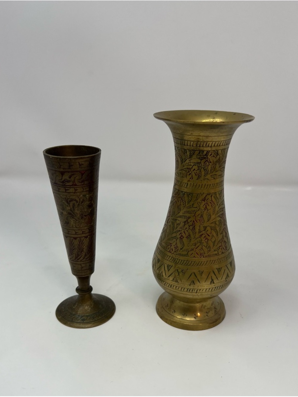 Vintage Mini Brass Bud Vases Etched Made In India Hand Engraved Decorative